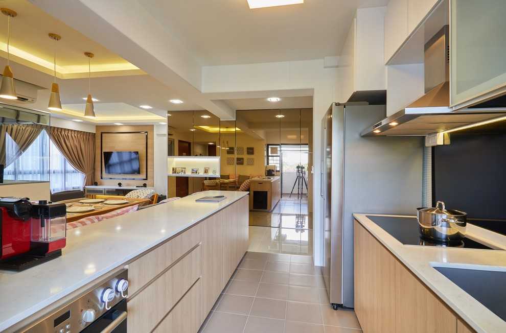 Asian Kitchen with Vinyl Flooring and Herringbone Tiling