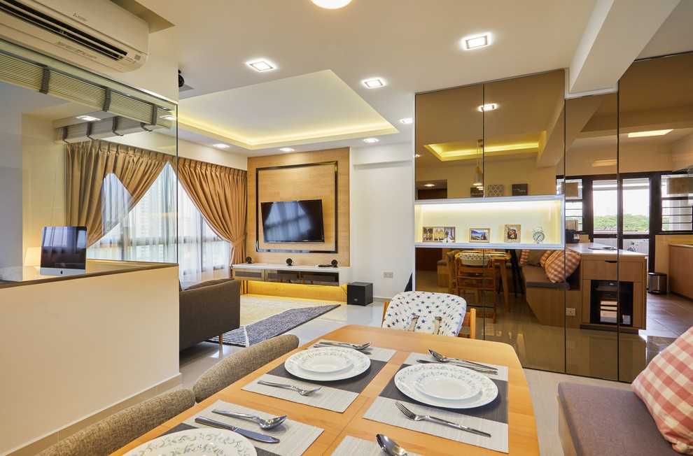 Asian Living Room with TV Console and Feature Wall