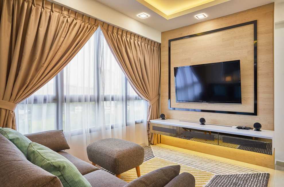 Asian Living Room with Homogeneous Tiles and Wood Flooring