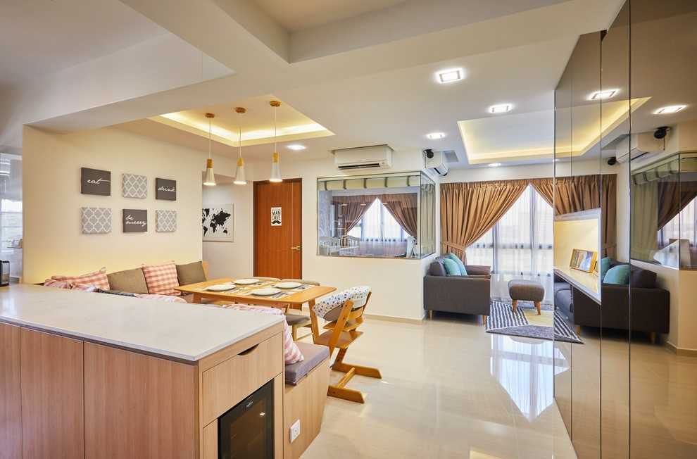 Asian Dining Room with Drop Ceiling and Dining Chairs