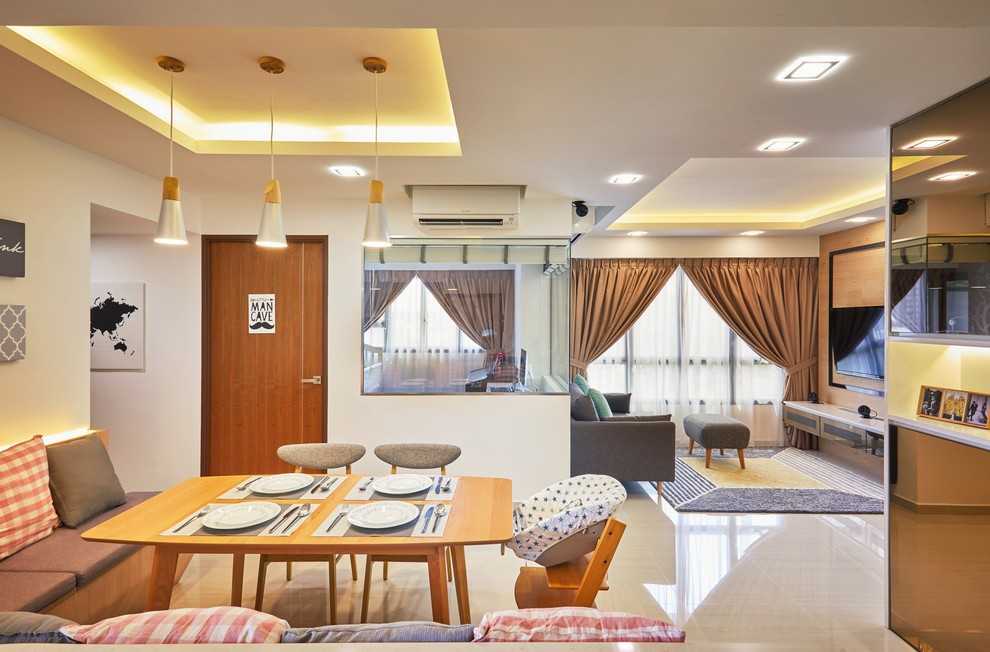 Asian Dining Room with Drop Light and Cove Lighting