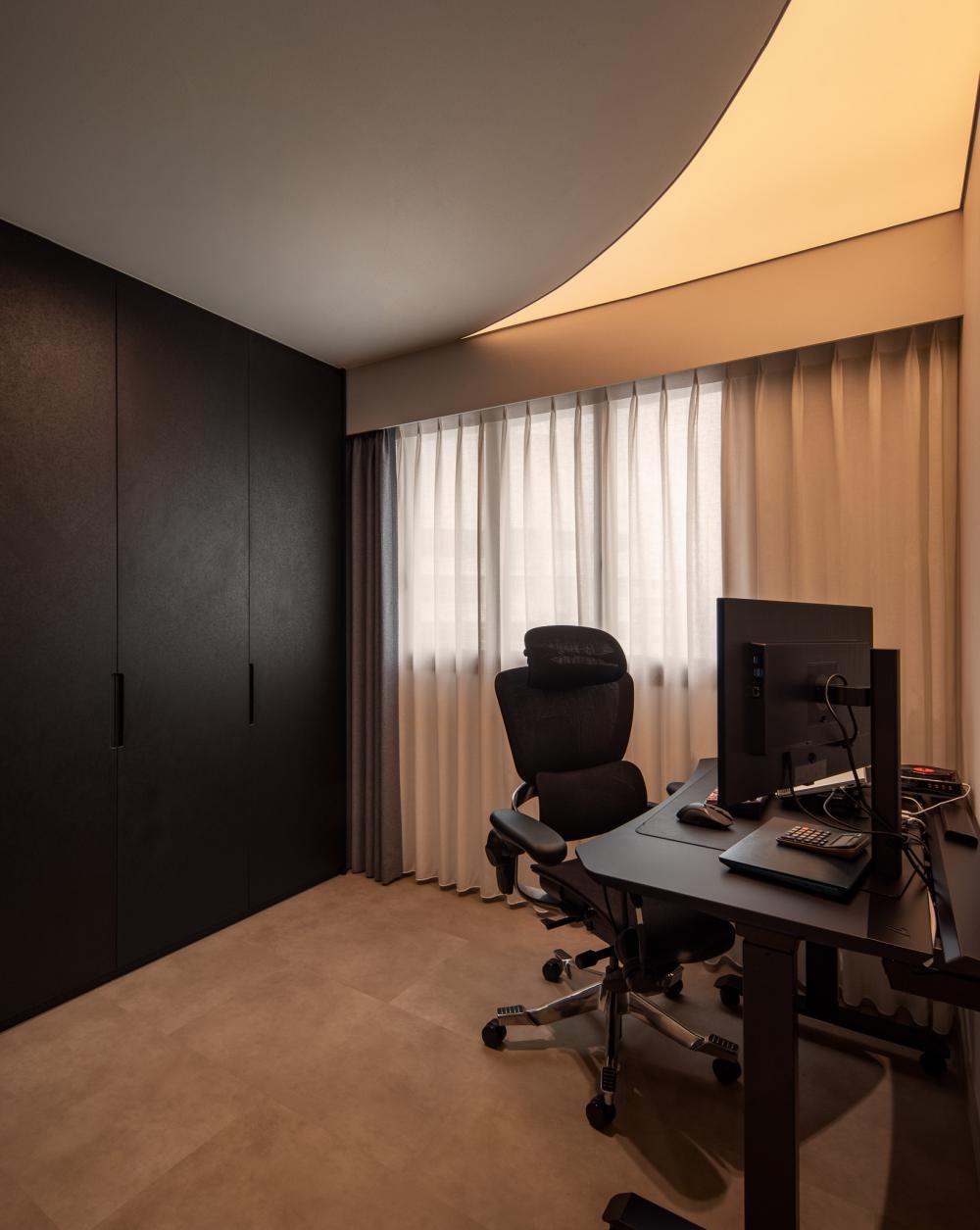 Modern Bedroom with Bookshelf and Cove Lighting