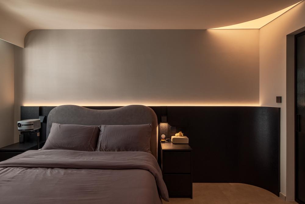 Modern Bedroom with Vinyl Flooring and Feature Wall