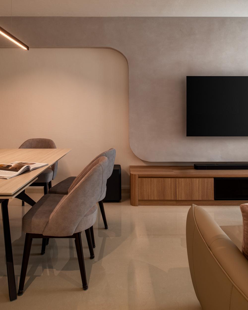 Contemporary Living Room with Homogeneous Tiles and TV Console
