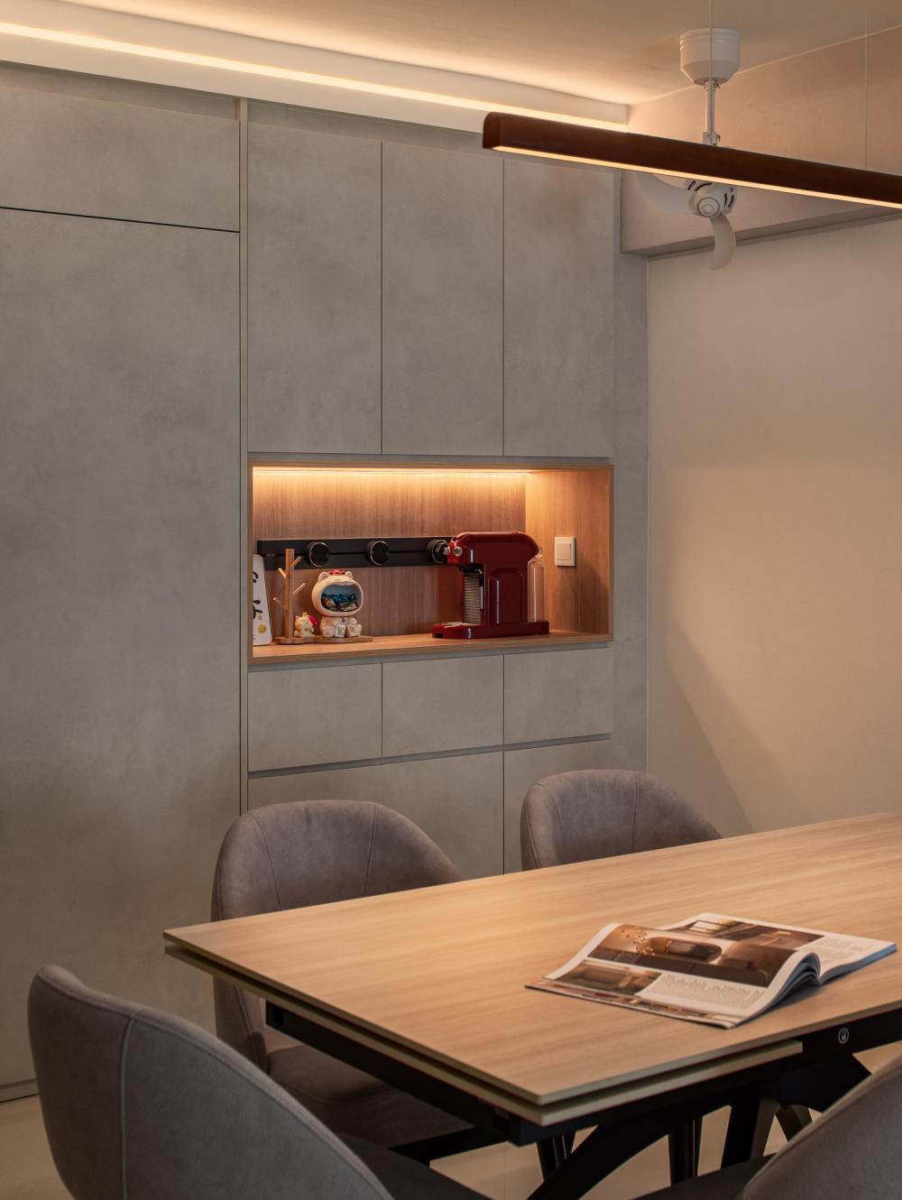 Contemporary Dining Room with Drop Light and Cove Lighting