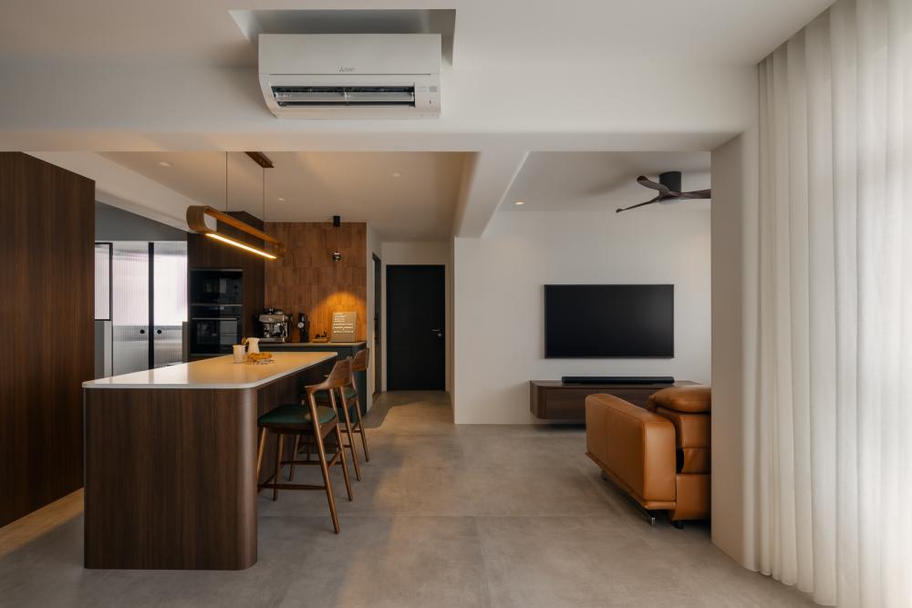Contemporary Living Room with Homogeneous Tiles and TV Console
