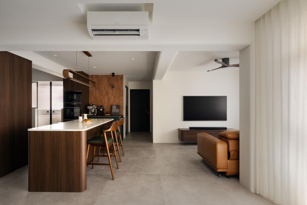 Contemporary Living Room with Homogeneous Tiles and TV Console