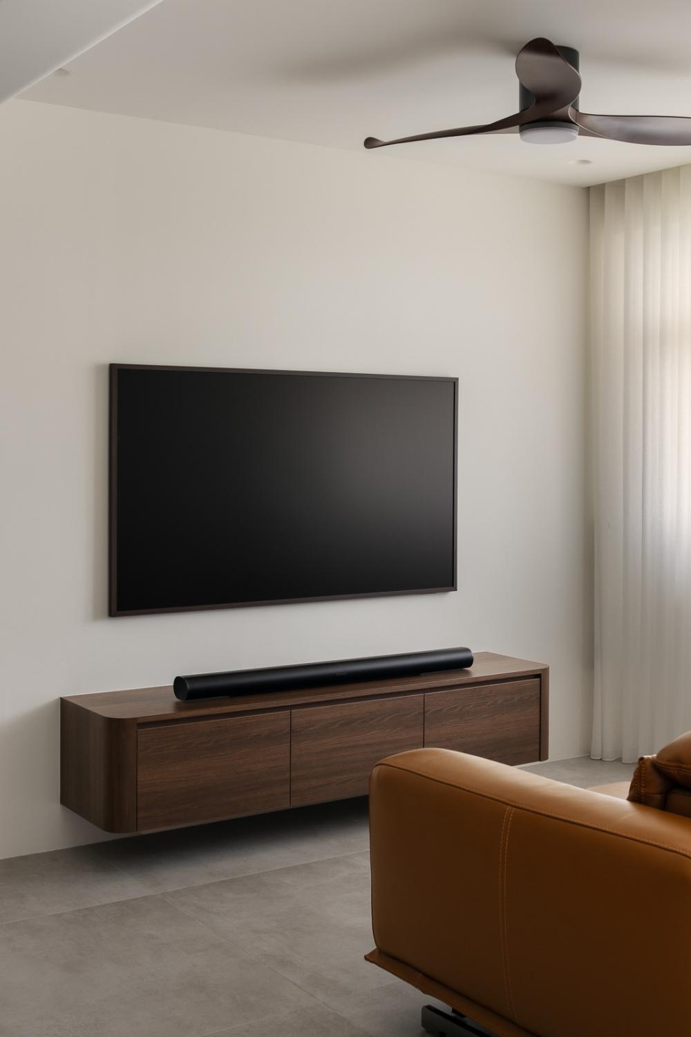 Contemporary Living Room with TV Console and Ceiling Fan