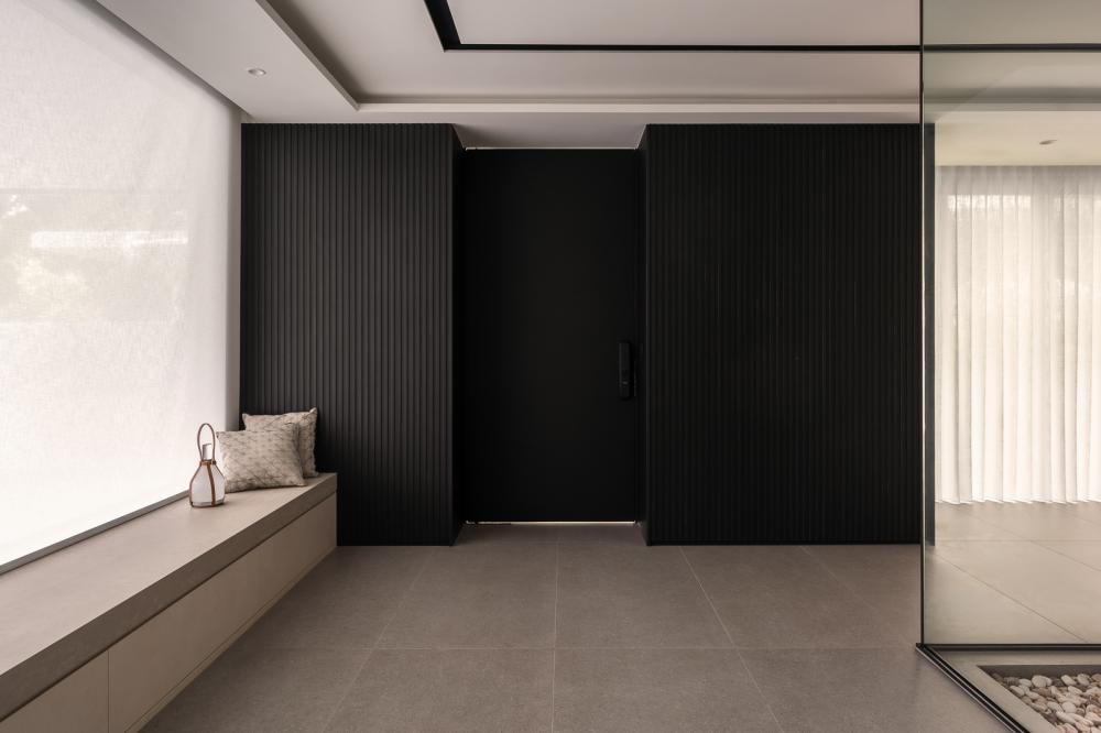 Contemporary Entryway with Seating Bench and Planters
