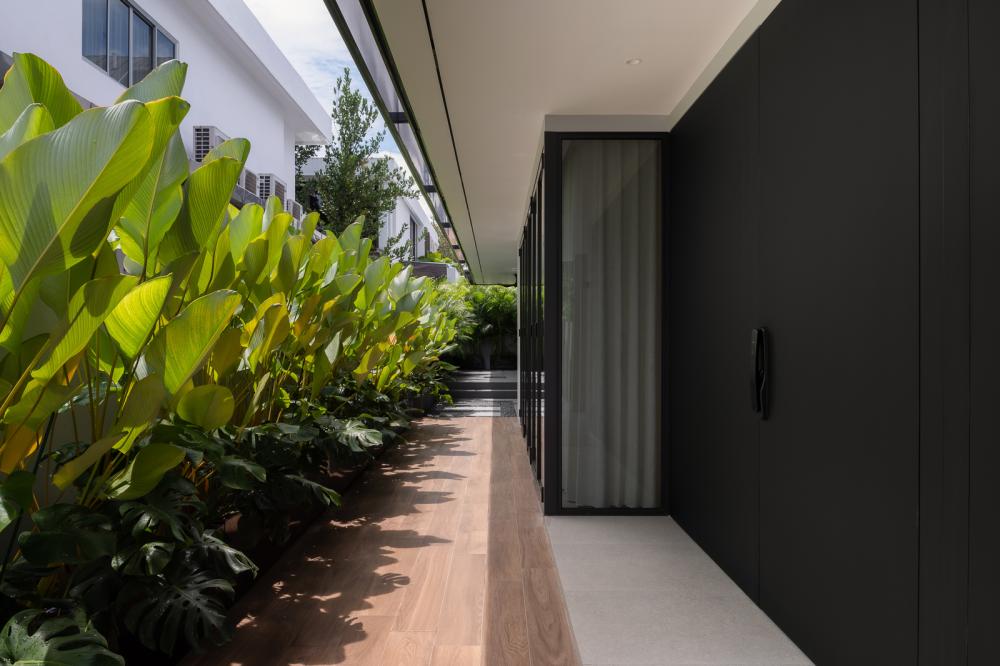 Contemporary Courtyard with Wood Flooring and Awning