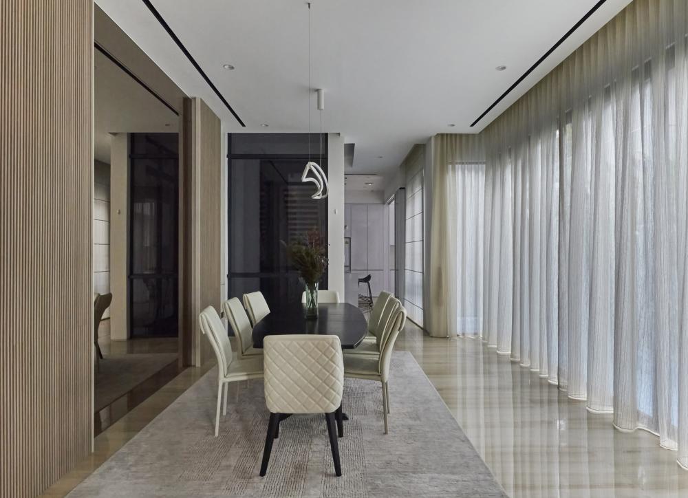 Asian Dining Room with Drop Light and Mirror