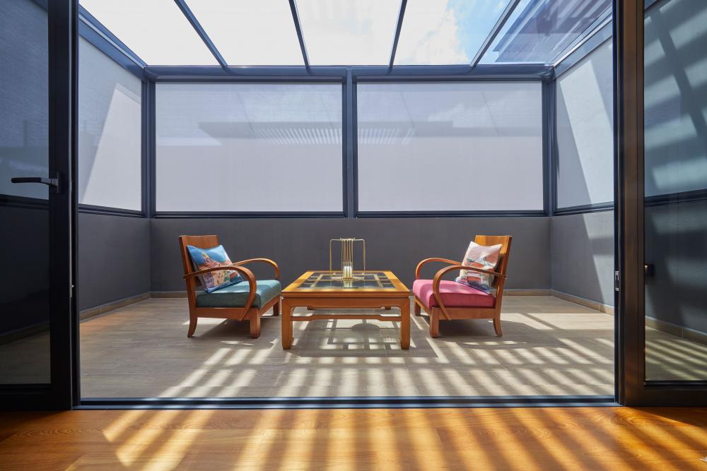 Asian Balcony with Window Shutters and Curtain