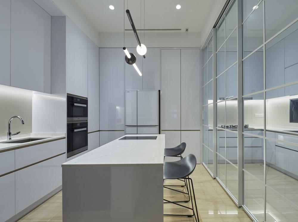 Asian Kitchen with Countertop and Kitchen Island
