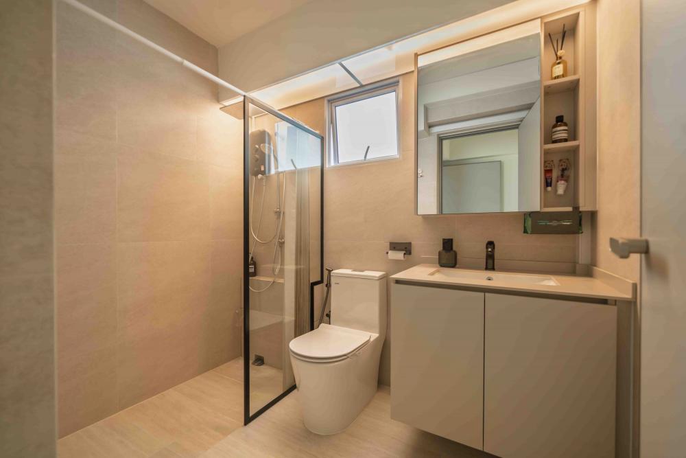 Scandinavian Bathroom with Mirror and Rainshower