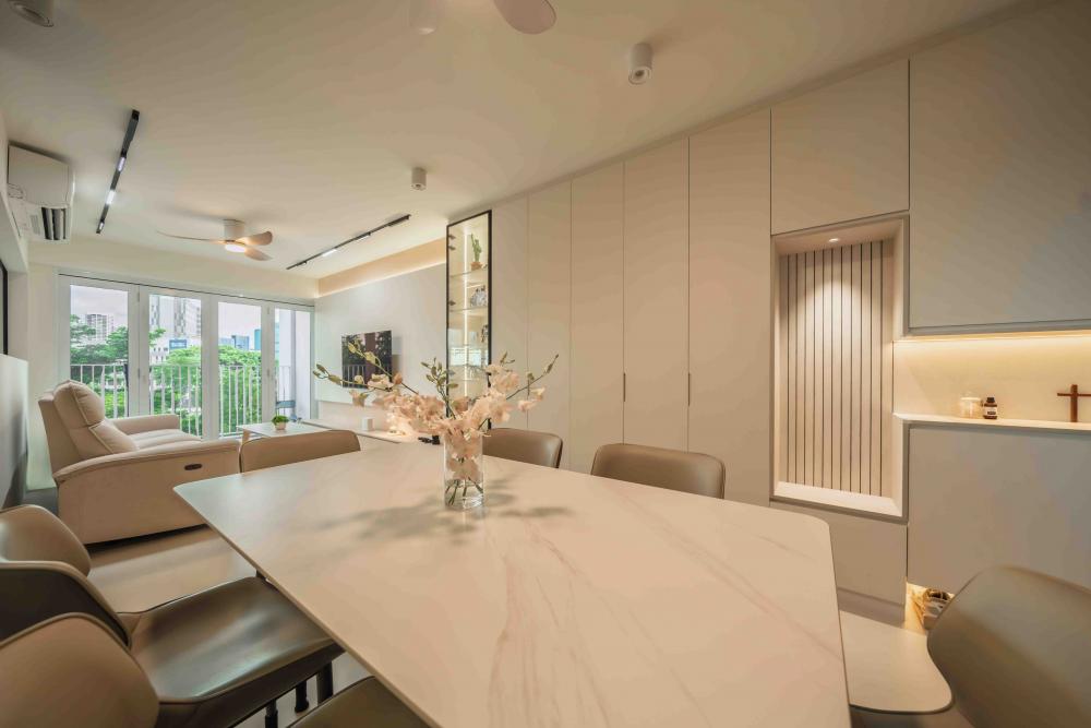 Scandinavian Living Room with TV Console and Drop Ceiling