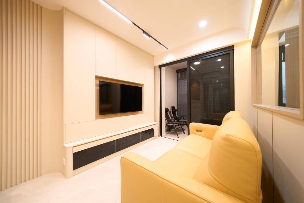 Modern Living Room with Homogeneous Tiles and TV Console