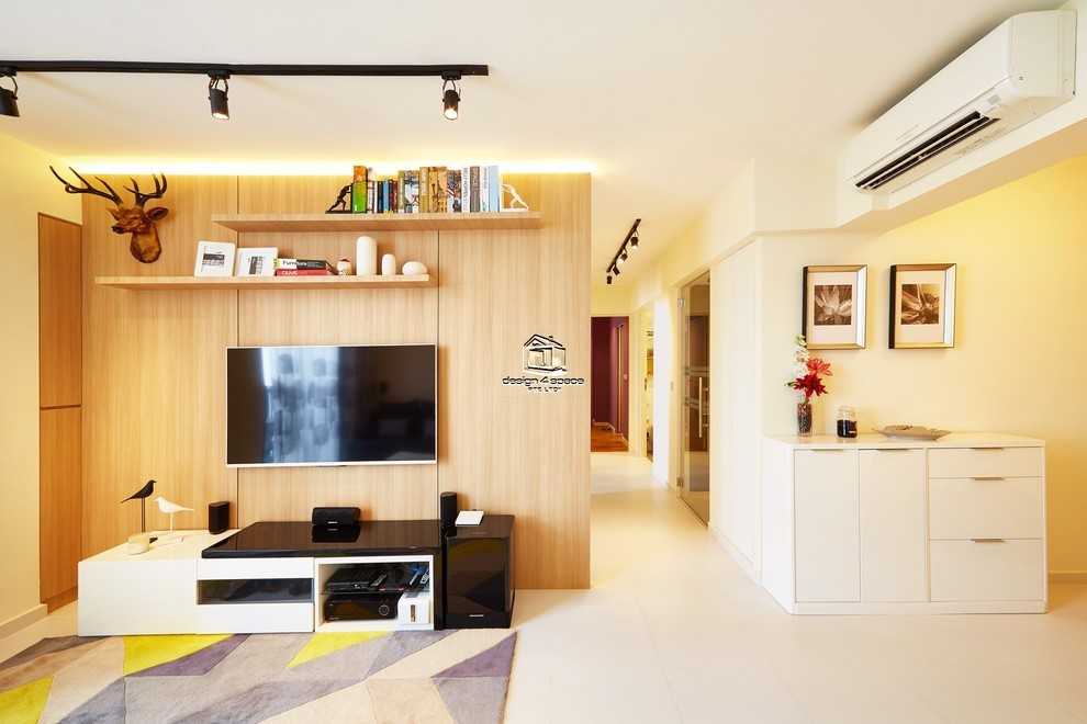 Contemporary Living Room with Feature Wall and Drop Light