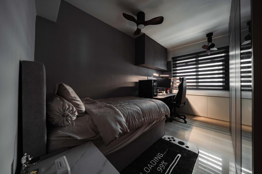 Modern Bedroom with Bookshelf and Bedside Table