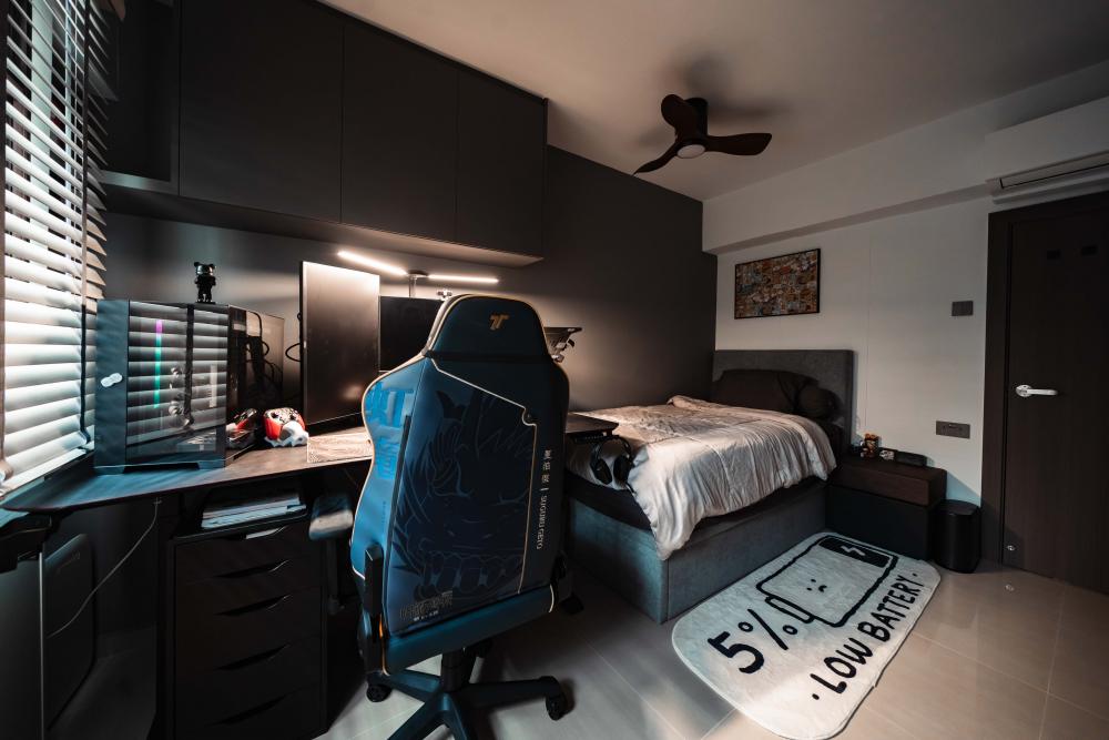 Modern Bedroom with Bookshelf and Children's Beds