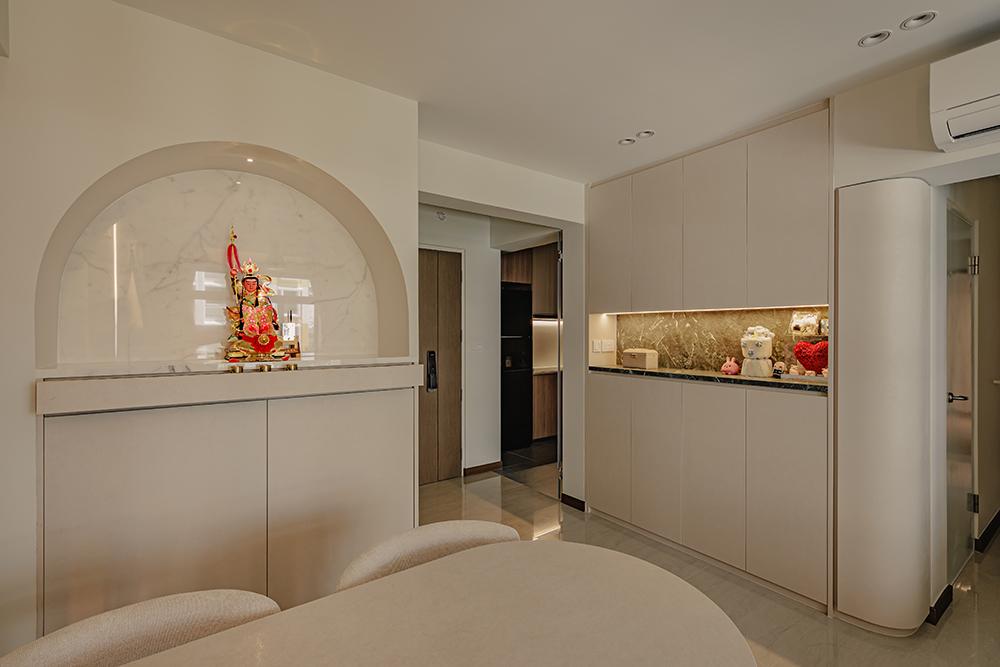 Modern Dining Room with Homogeneous Tiles and Altar