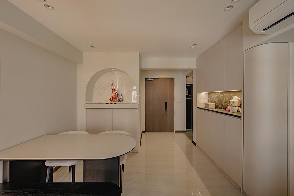 Modern Dining Room with Homogeneous Tiles and Altar