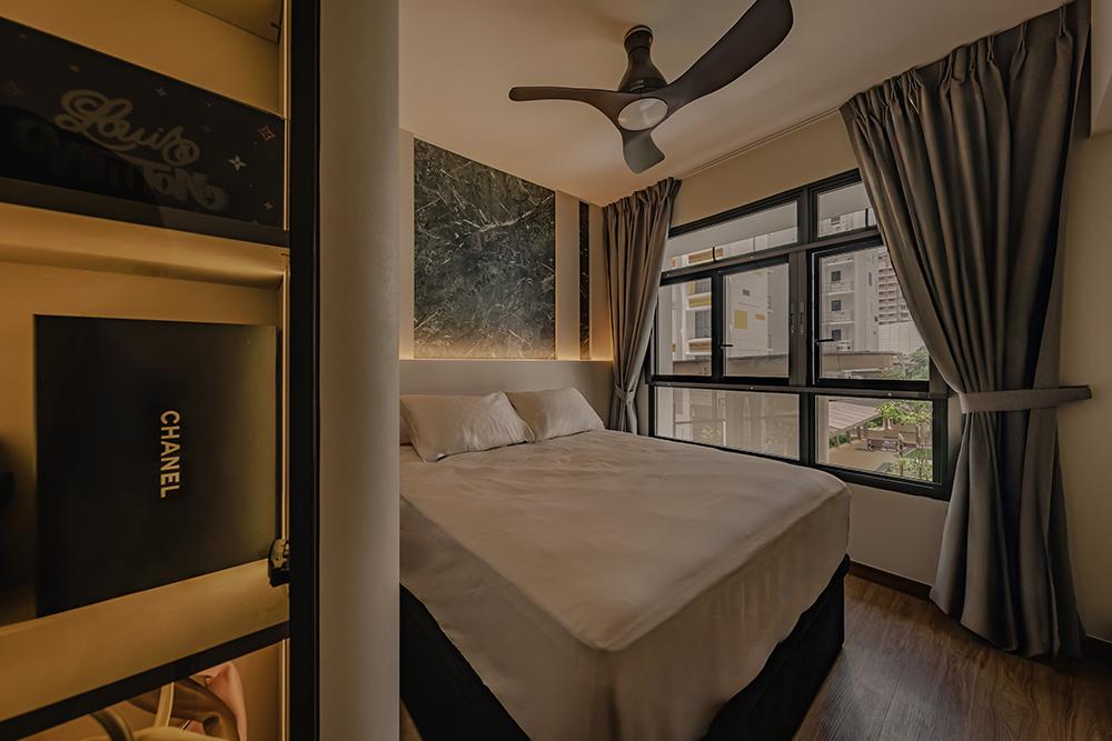 Modern Bedroom with Vinyl Flooring and Feature Wall