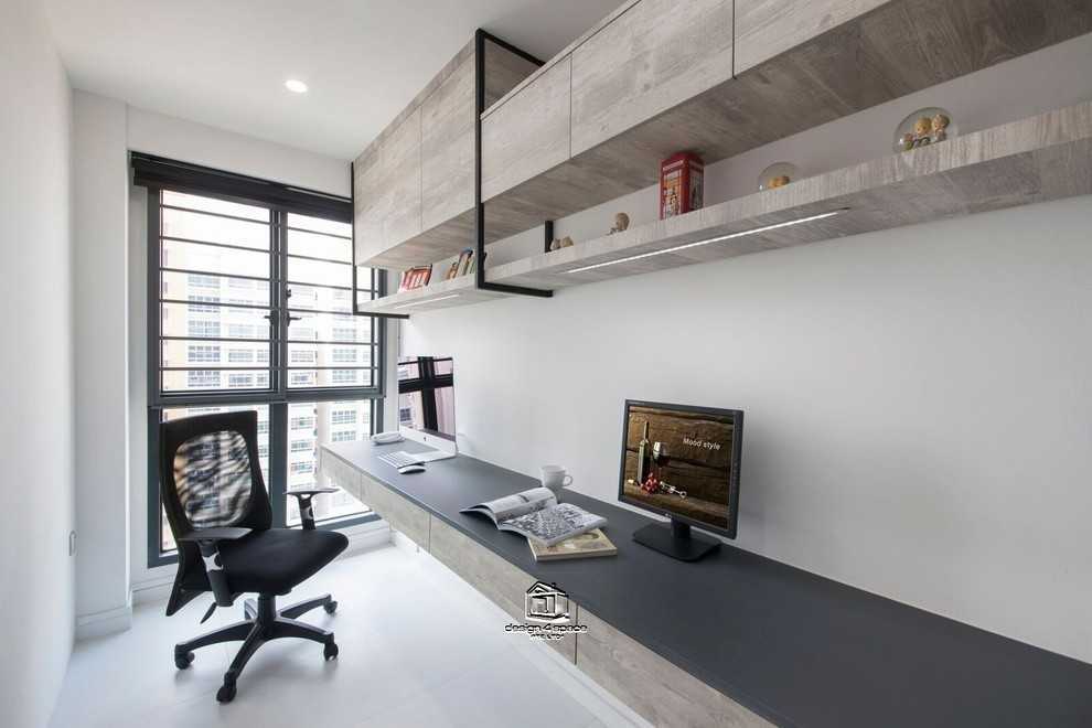 Modern Home Office with Bookshelf and Wallpaper