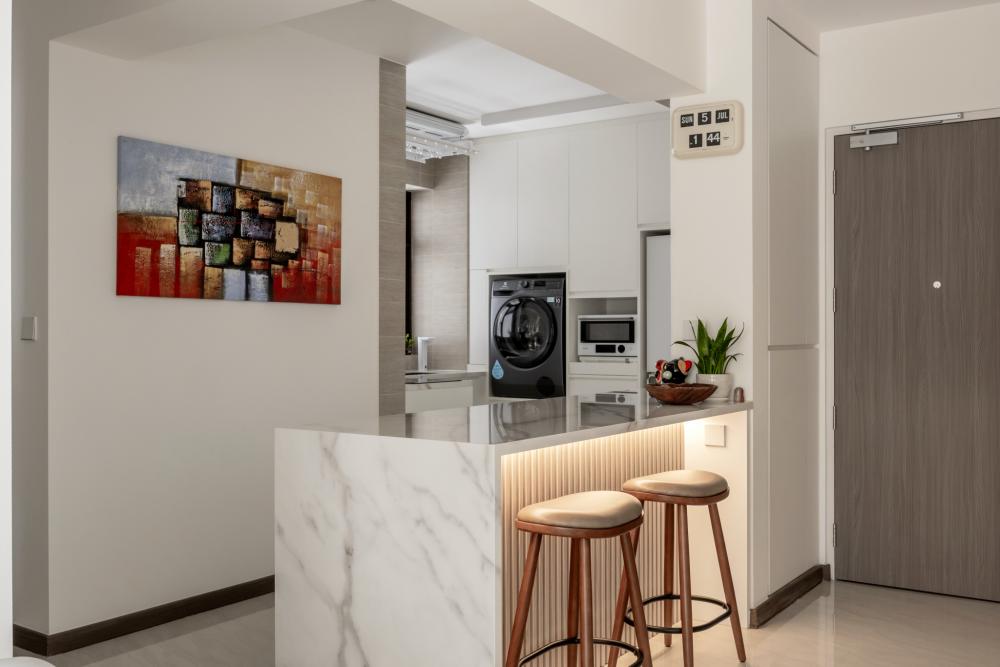 Modern Dining Room with Breakfast Counter and Paintings
