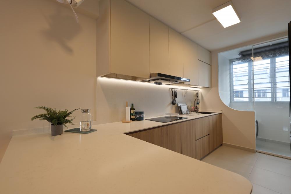 Minimalist Kitchen with Kitchen Window and Cupboard