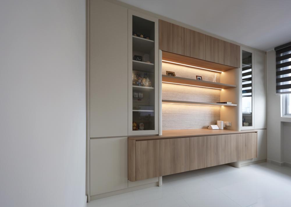 Minimalist Living Room with Display Cabinets and Blinds