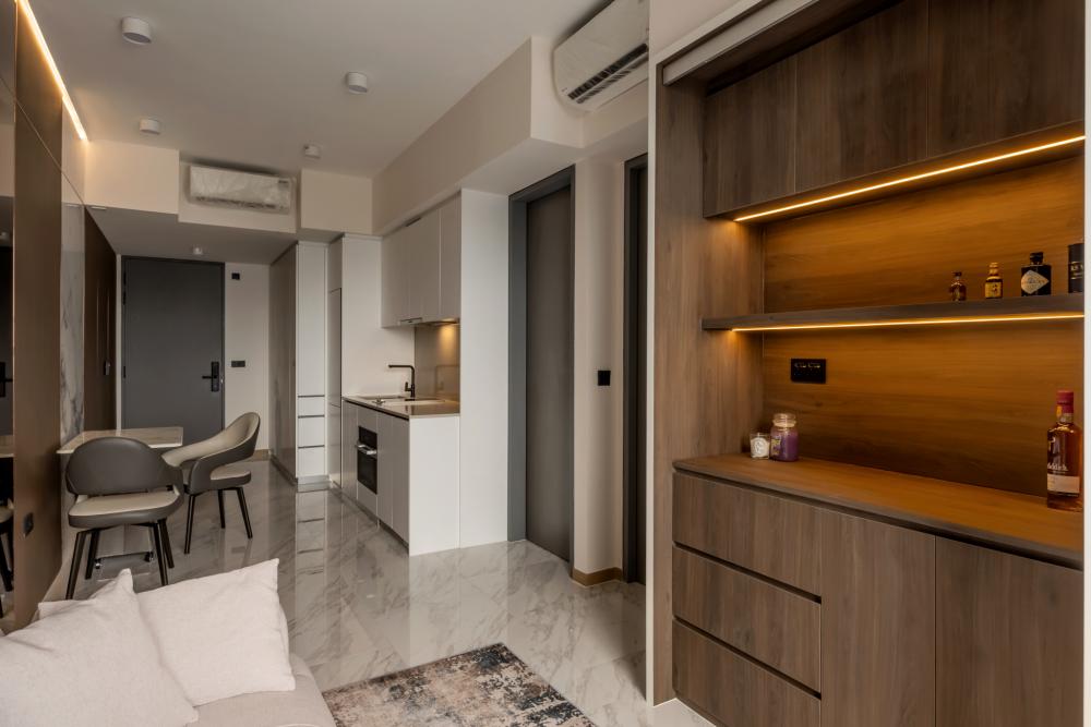 Modern Living Room with Sofa and Display Cabinets