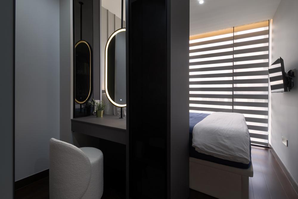 Contemporary Bedroom with Vinyl Flooring and Drop Light