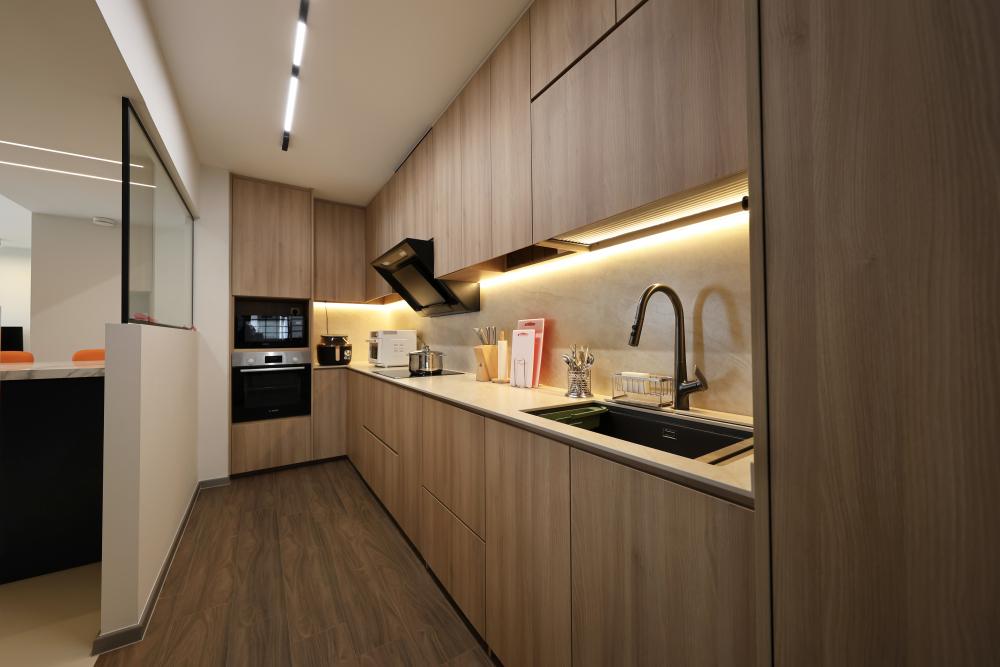 Contemporary Kitchen with Kitchen Window and Cupboard