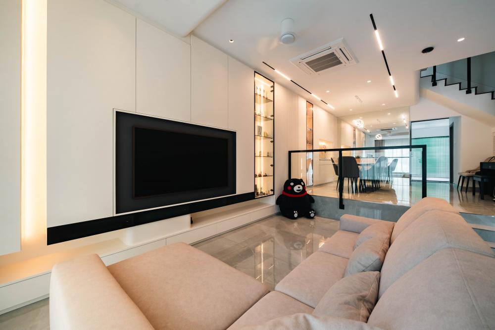 Contemporary Living Room with Bookshelf and TV Console