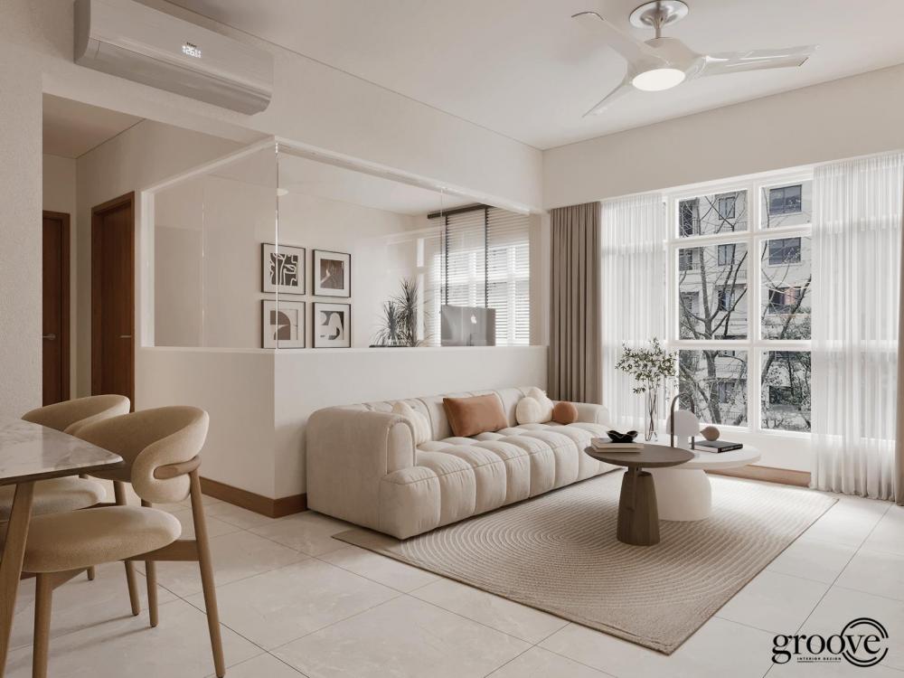 Minimalist Living Room with Parquet Floor and Ceiling Light