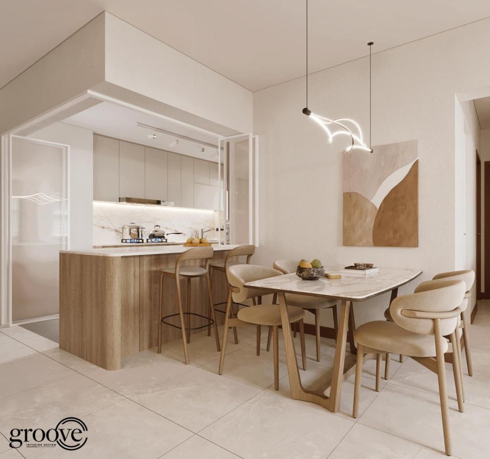 Minimalist Dining Room with Drop Light and Ceiling Light