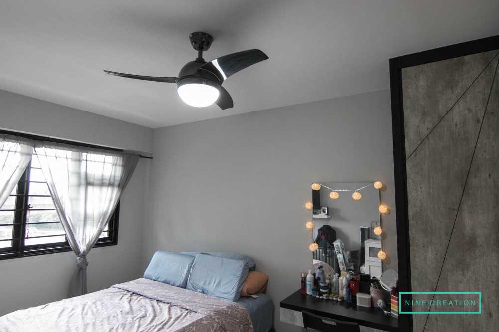 Modern Bedroom with Wardrobe and Ceiling Fan