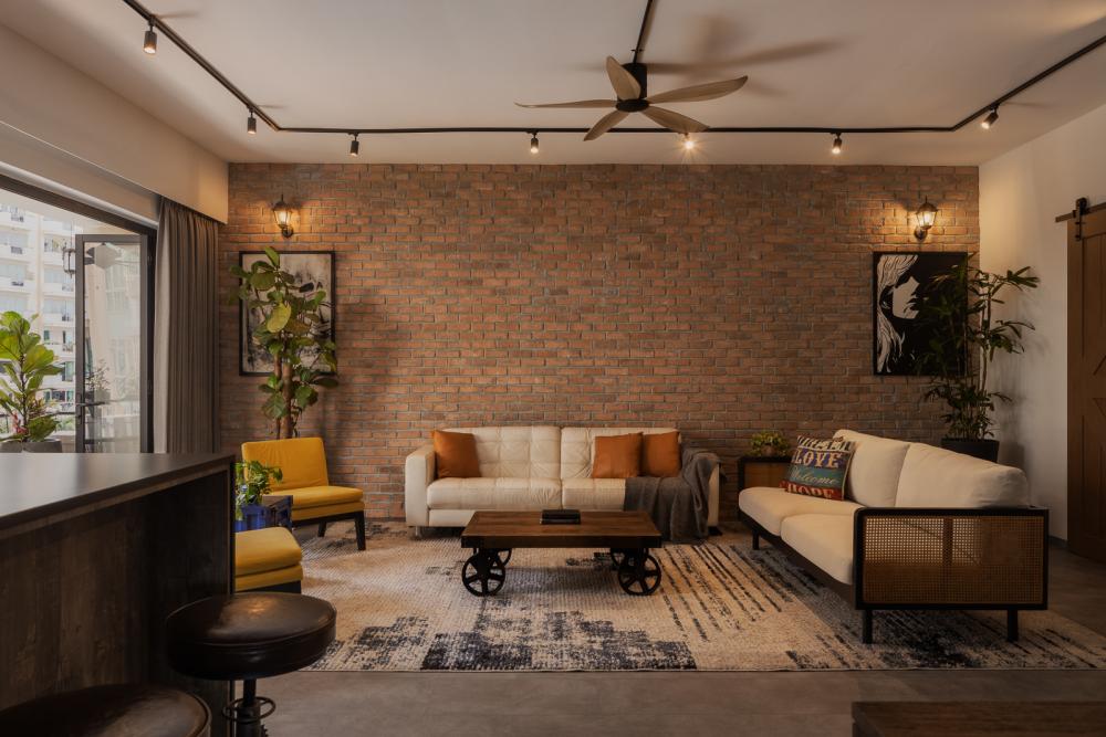 Industrial Living Room with Vinyl Flooring and Feature Wall