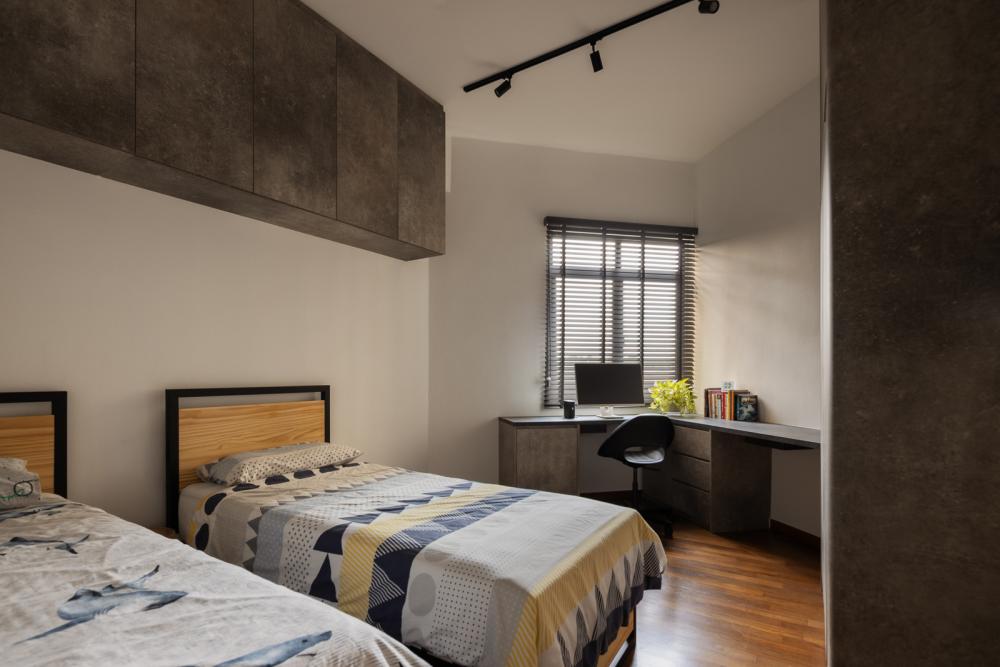 Industrial Bedroom with Wood Flooring and Desk