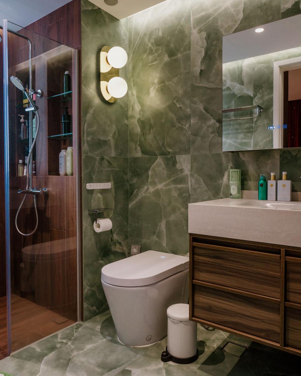 Contemporary Bathroom with Homogeneous Tiles and Wood Flooring