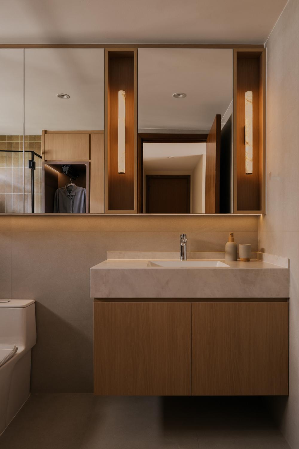 Asian Bathroom with Homogeneous Tiles and Mirror