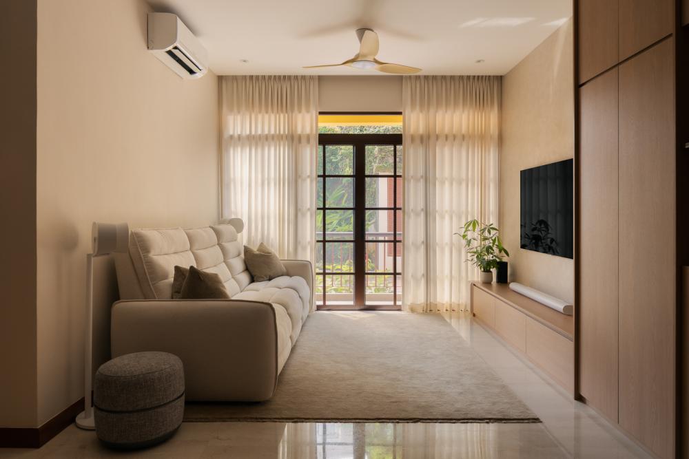 Asian Living Room with Marble Floor and TV Console