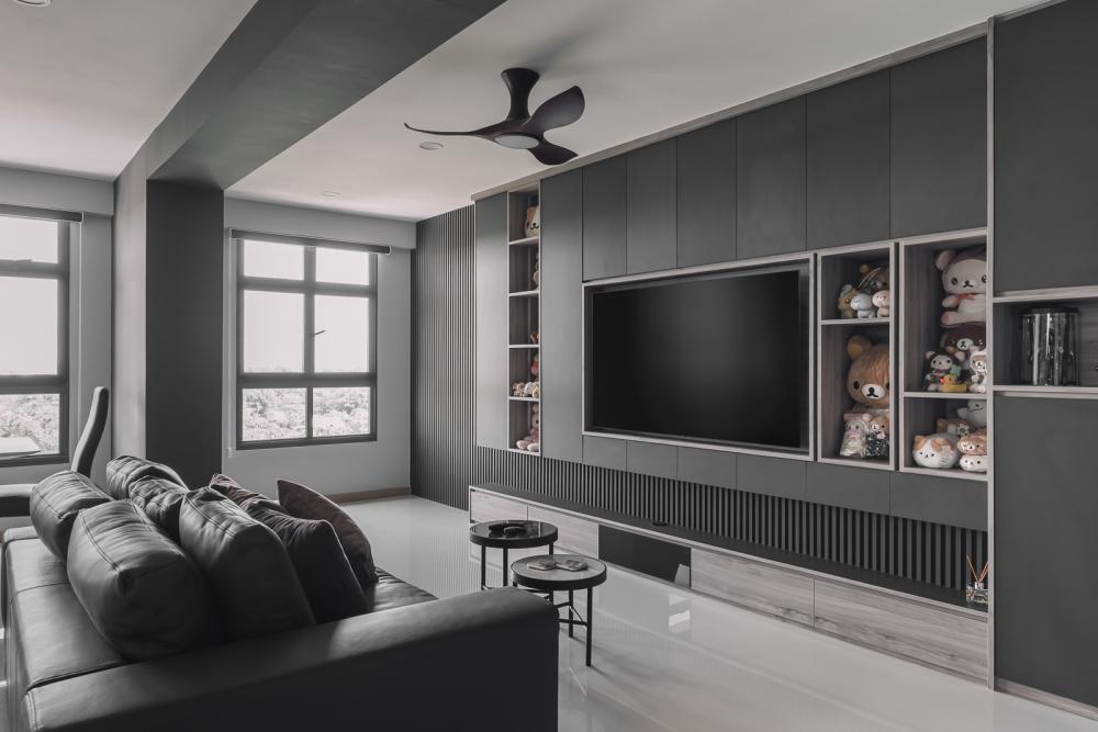 Contemporary Living Room with TV Console and Feature Wall