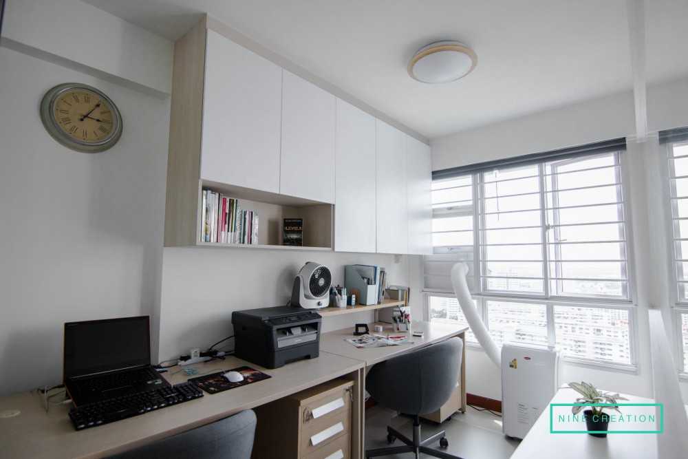 Modern Bedroom with Bookshelf and Homogeneous Tiles