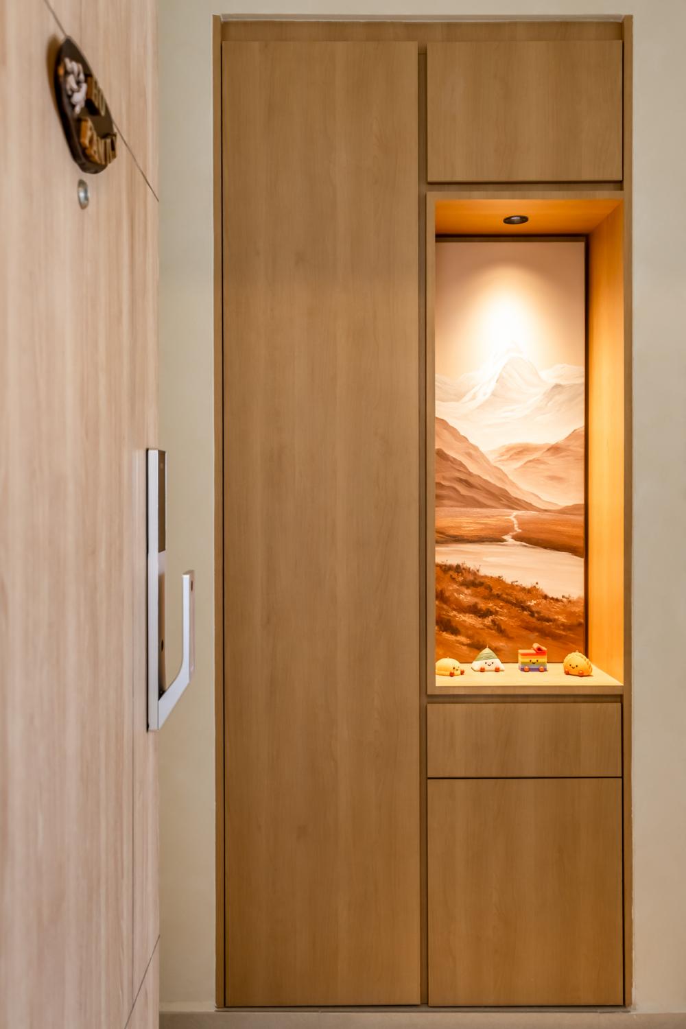 Asian Foyer with Artwork and Storage Cabinets