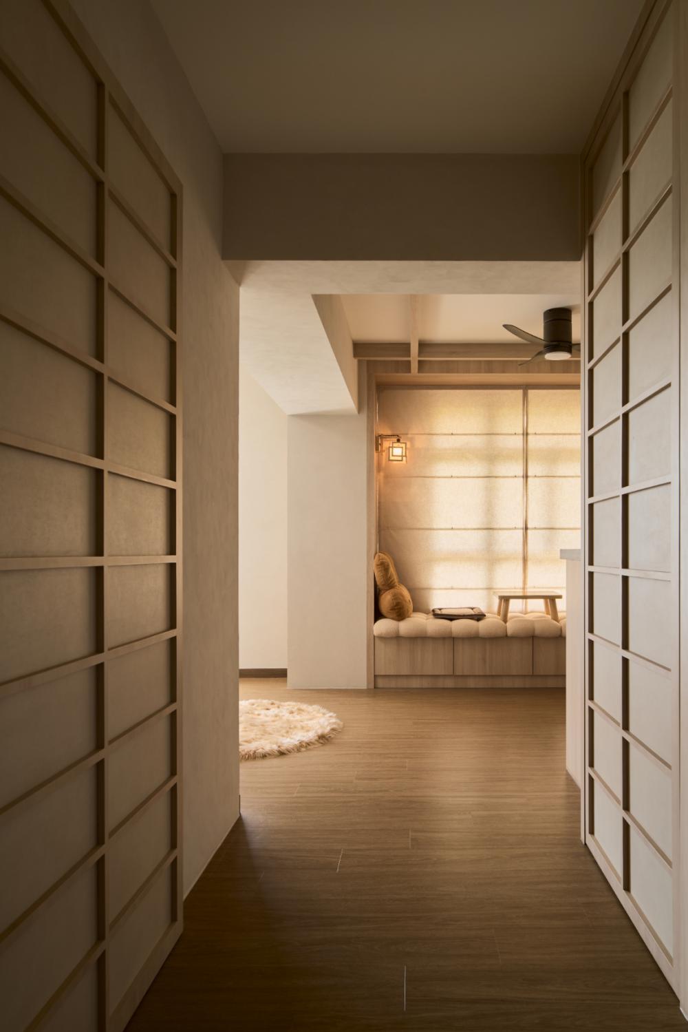 Scandinavian Hallway with Wood Flooring and Console Table