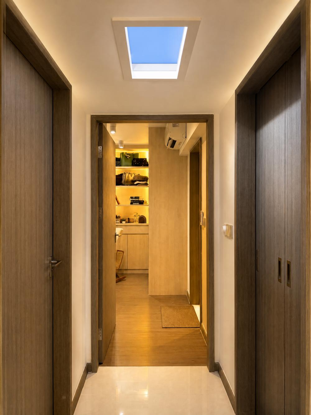 Scandinavian Hallway with Cove Lighting and Ceiling Light