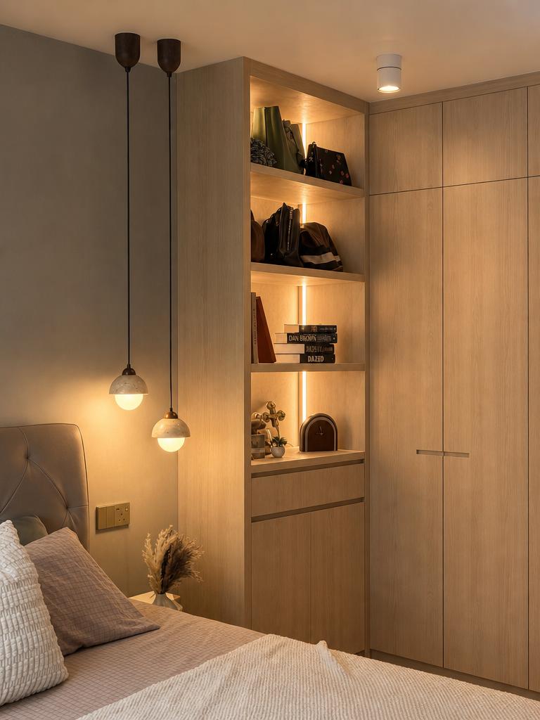 Scandinavian Bedroom with Bookshelf and Wardrobe