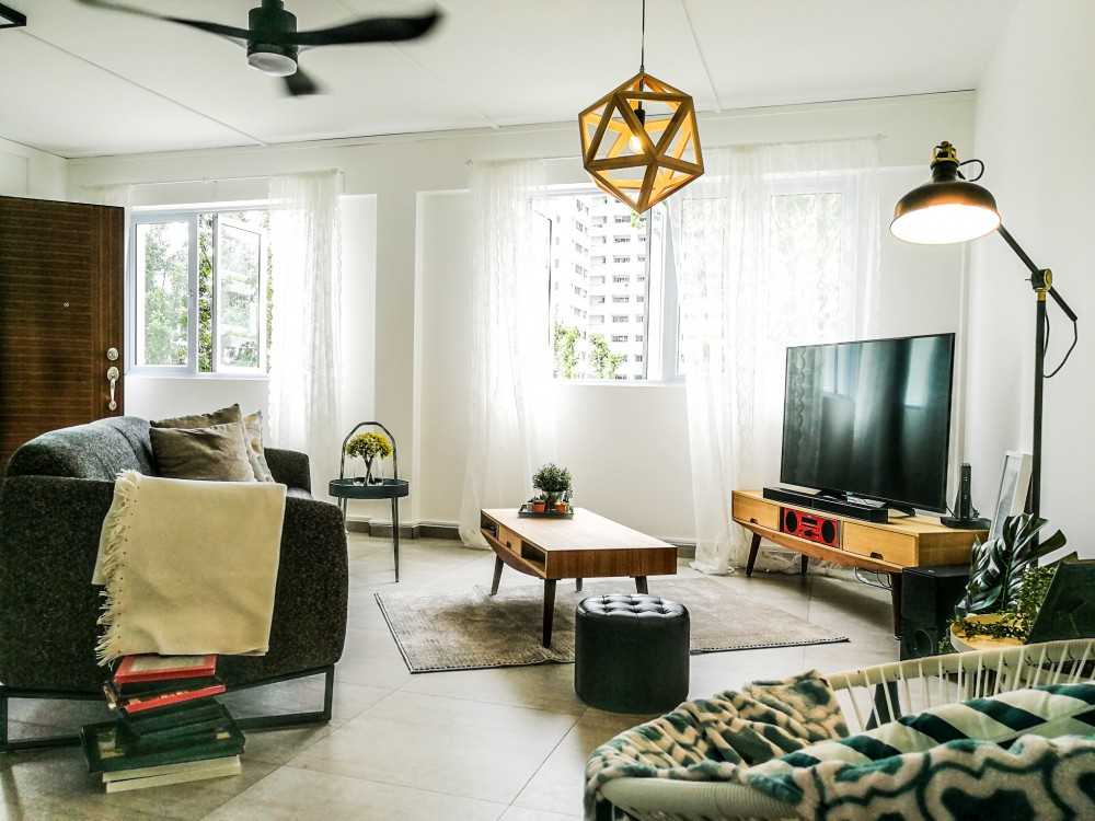 Scandinavian Living Room with TV Console and Ceiling Fan