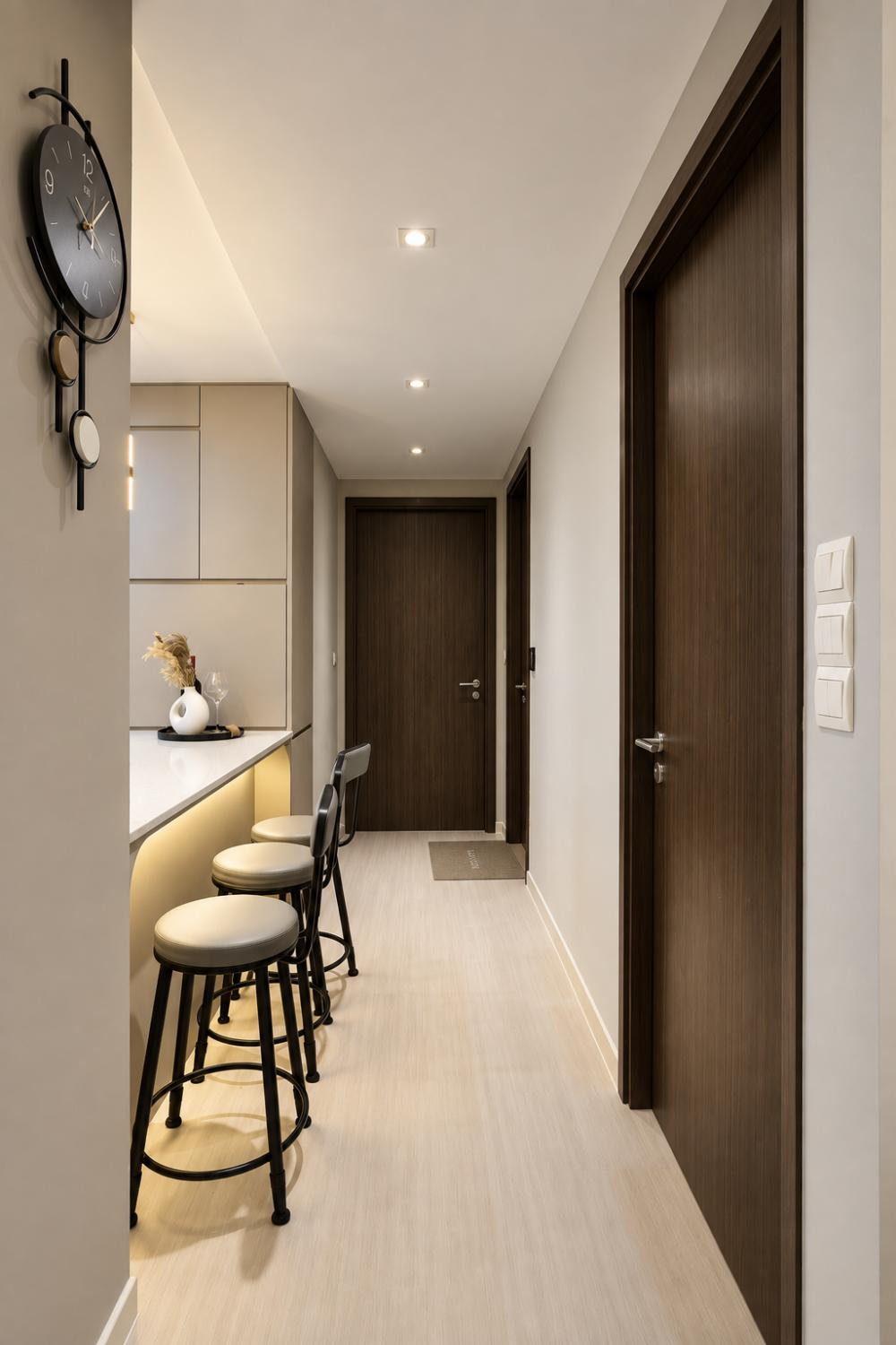 Modern Hallway with Kitchen Island and Open Kitchen